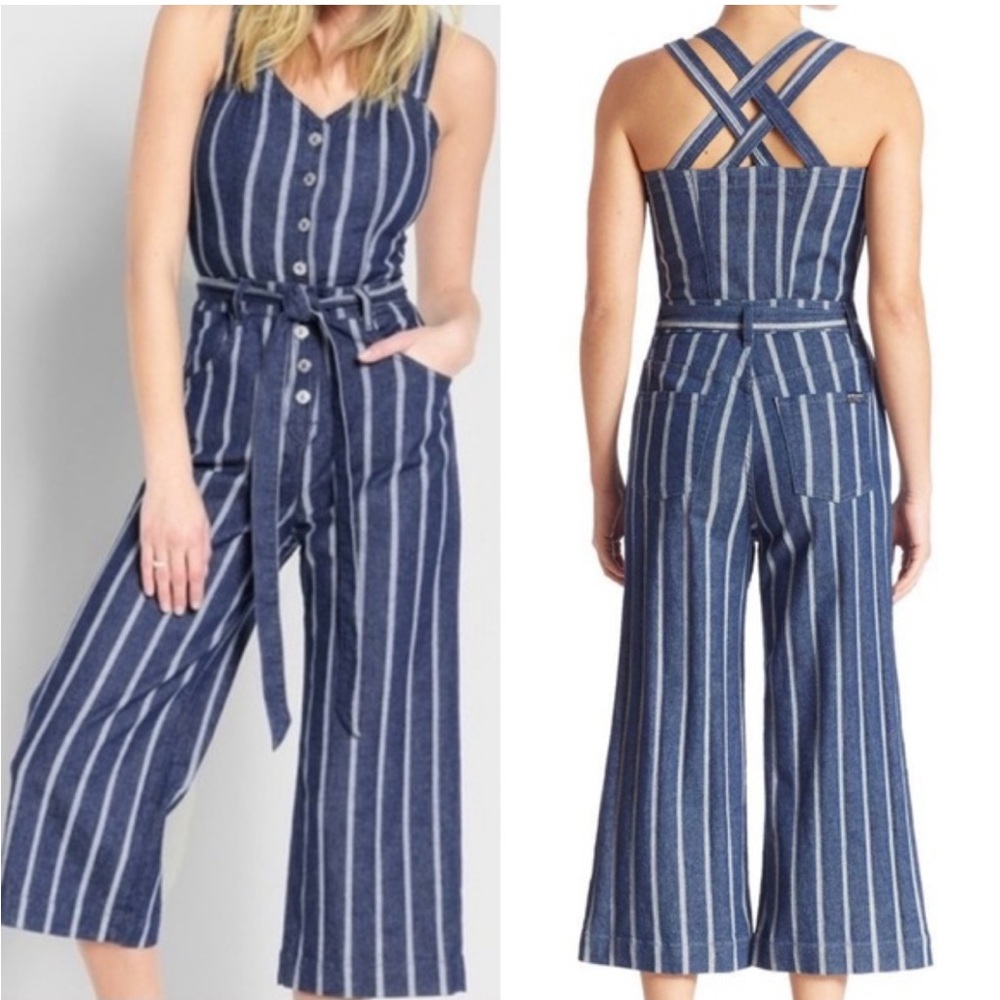 7 For All Mankind Denim Striped Jumpsuit Overalls Size 25
